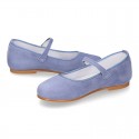 BLUE Soft suede leather little Stylized Mary Jane shoes with hook and loop closure.
