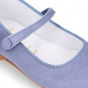 BLUE Soft suede leather little Stylized Mary Jane shoes with hook and loop closure.