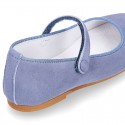 BLUE Soft suede leather little Stylized Mary Jane shoes with hook and loop closure.