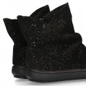 SHINY Black Suede leather girl boot shoes to dress.