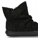 SHINY Black Suede leather girl boot shoes to dress.