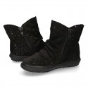 SHINY Black Suede leather girl boot shoes to dress.