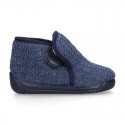 Structured wool knit bootie home shoes with hook and loop strap.