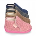 Structured wool knit bootie home shoes with hook and loop strap.