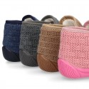 Structured wool knit bootie home shoes with hook and loop strap.