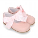 Soft suede leather little Mary Jane shoes with hook and loop strap and BIG BOW.