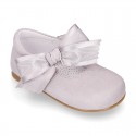 Soft suede leather little Mary Jane shoes with hook and loop strap and BIG BOW.