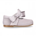 Soft suede leather little Mary Jane shoes with hook and loop strap and BIG BOW.