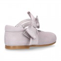 Soft suede leather little Mary Jane shoes with hook and loop strap and BIG BOW.