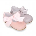 Soft suede leather little Mary Jane shoes with hook and loop strap and BIG BOW.
