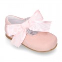 Soft suede leather little Mary Jane shoes with hook and loop strap and BIG BOW.