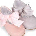 Soft suede leather little Mary Jane shoes with hook and loop strap and BIG BOW.