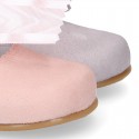 Soft suede leather little Mary Jane shoes with hook and loop strap and BIG BOW.