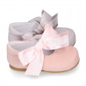 Soft suede leather little Mary Jane shoes with hook and loop strap and BIG BOW.