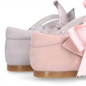 Soft suede leather little Mary Jane shoes with hook and loop strap and BIG BOW.