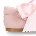 Soft suede leather little Mary Jane shoes with hook and loop strap and BIG BOW.