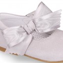 Soft suede leather little Mary Jane shoes with hook and loop strap and BIG BOW.