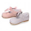 Soft suede leather little Mary Jane shoes with hook and loop strap and BIG BOW.