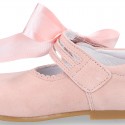 Soft suede leather little Mary Jane shoes with hook and loop strap and BIG BOW.