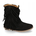 Suede leather boot shoes with fringed detail for toddler girls.