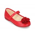 Printed autumn winter canvas little Mary Jane shoes with hook and loop strap and FLOWER detail.