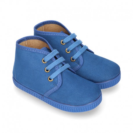 Kids Blue canvas Casual Bootie shoes with laces.