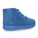 Kids Blue canvas Casual Bootie shoes with laces.