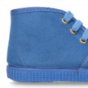 Kids Blue canvas Casual Bootie shoes with laces.