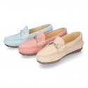 New Moccasin shoes with stirrup in pastel colors.