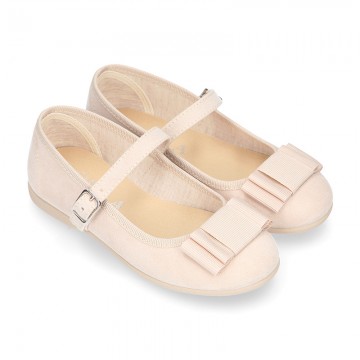 Spring summer canvas little Mary Janes with shoemaker bow in pastel colors.