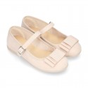 Spring summer canvas little Mary Janes with shoemaker bow in pastel colors.