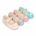 Spring summer canvas little Mary Janes with shoemaker bow in pastel colors.