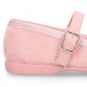 Spring summer canvas little Mary Janes with shoemaker bow in pastel colors.