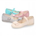 Spring summer canvas little Mary Janes with shoemaker bow in pastel colors.