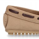 Nobuck leather Moccasin shoes with contraste bows for little kids.