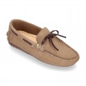 Nobuck leather Kids Moccasin shoes with contraste bows.