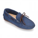 Nobuck leather Kids Moccasin shoes with contraste bows.