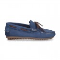 Nobuck leather Kids Moccasin shoes with contraste bows.