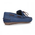 Nobuck leather Kids Moccasin shoes with contraste bows.