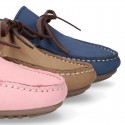 Nobuck leather Kids Moccasin shoes with contraste bows.