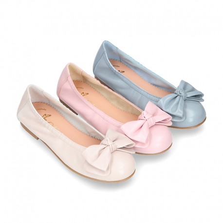 Soft nappa leather girl ballet flats with BOW and elastic band.