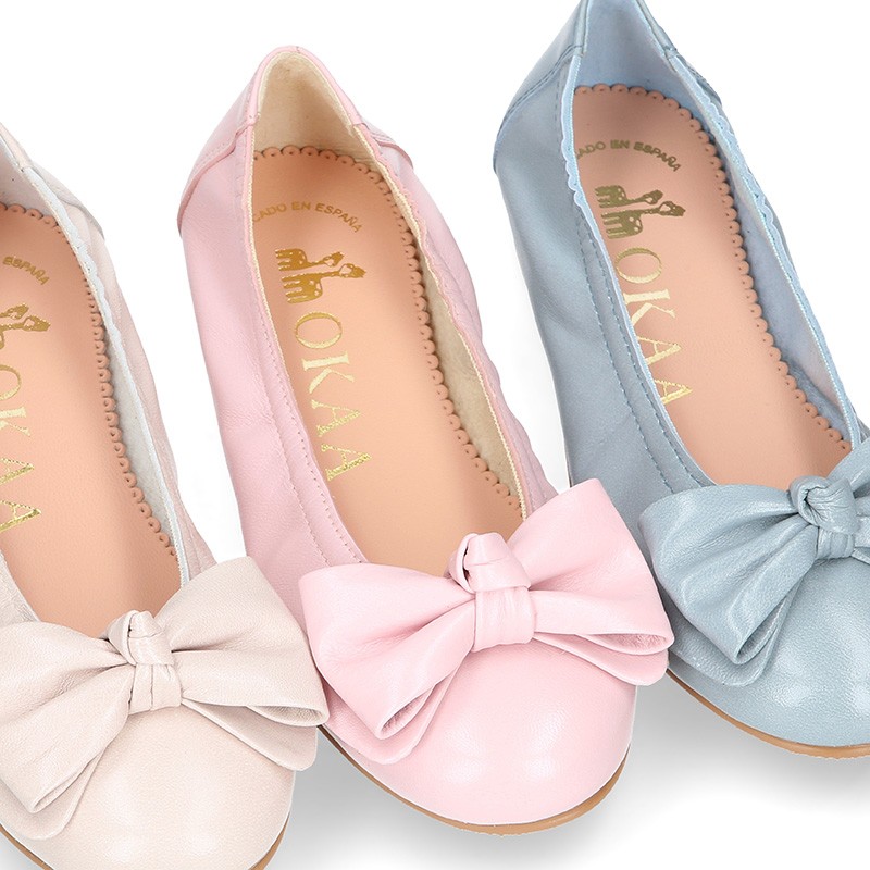 Soft nappa leather girl ballet flats with BOW and elastic band 