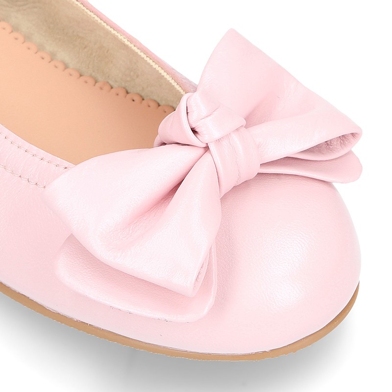 Soft nappa leather girl ballet flats with BOW and elastic band 
