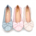 Soft nappa leather girl ballet flats with BOW and elastic band.