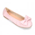 Soft nappa leather girl ballet flats with BOW and elastic band.