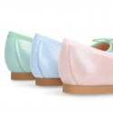 METAL Soft suede leather ballet flats with adjustable ribbon.