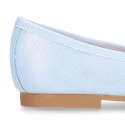 METAL Soft suede leather ballet flats with adjustable ribbon.