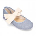 Girl LINEN canvas Ballet Flat shoes or Mary Jane shoes angel style with big ribbon closure.