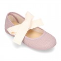 Girl LINEN canvas Ballet Flat shoes or Mary Jane shoes angel style with big ribbon closure.