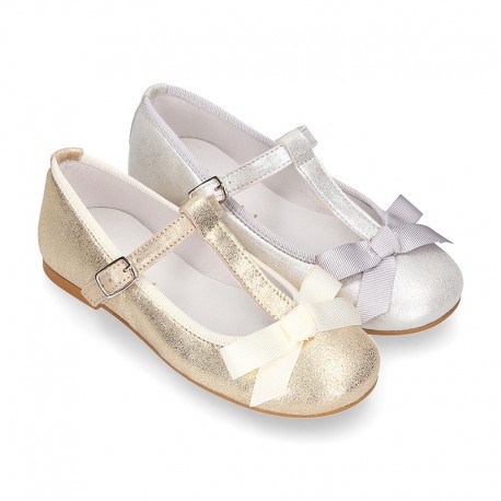 METAL soft suede leather T-strap little girl Mary Jane shoes.